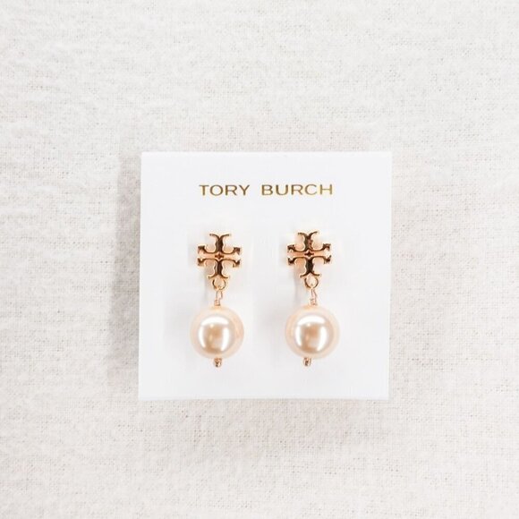 Tory Burch Faux Pearl Logo Drop Earrings Rose Gold OS - Picture 1 of 12
